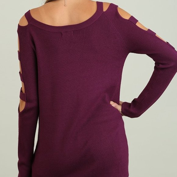 Wine Strappy Cut Out Long Sleeve Sweater WA3400 - Picture 3 of 3